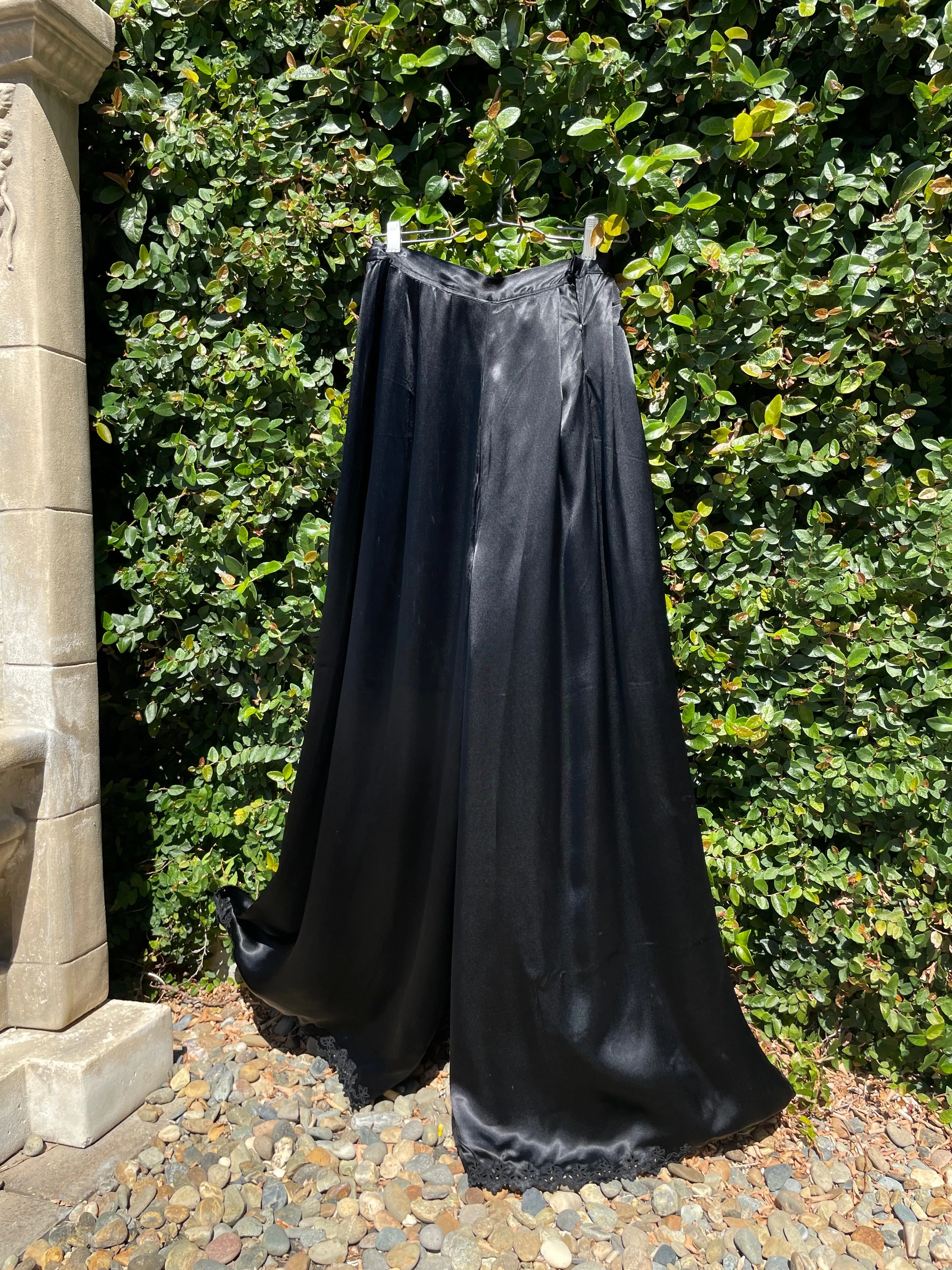 1940s Noir Satin Side Snap Wide Leg Eyelet Border Palazzo Pants
