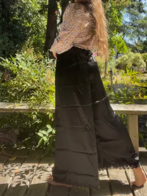 1940s Noir Satin Side Snap Wide Leg Eyelet Border Palazzo Pants