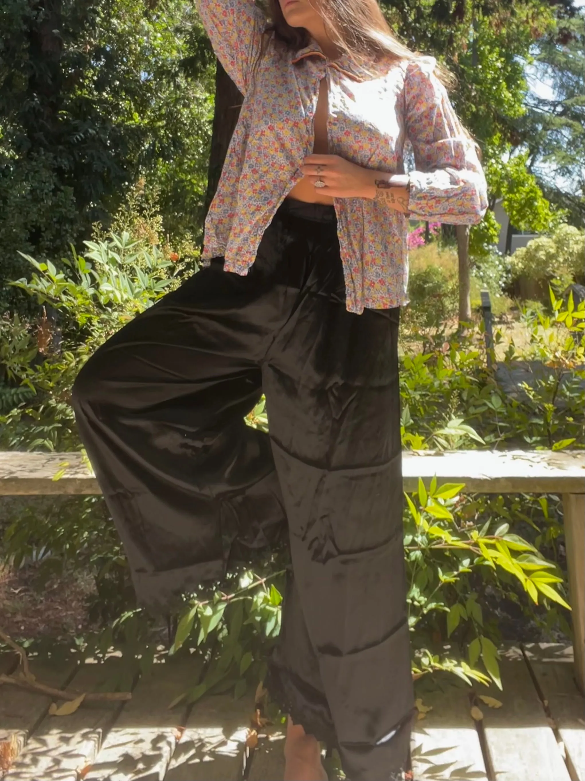1940s Noir Satin Side Snap Wide Leg Eyelet Border Palazzo Pants
