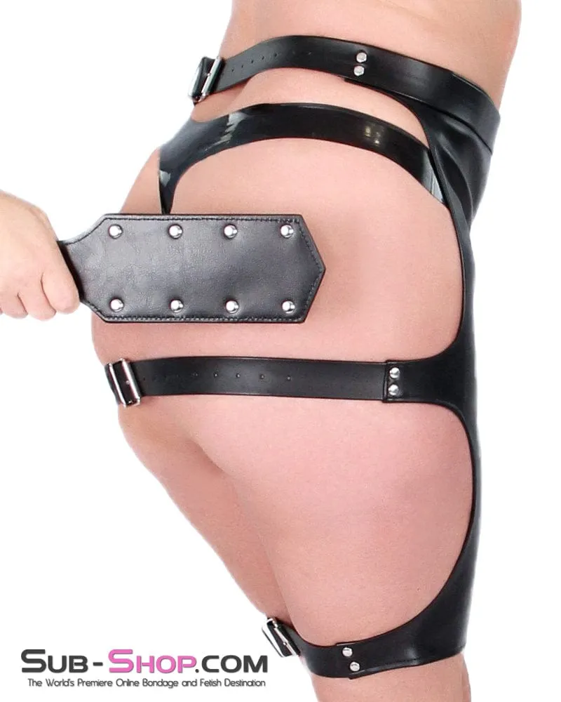 9086DL      Leather Look Backless Buckling Bondage Spanking Skirt - LAST CHANCE - Final Closeout!