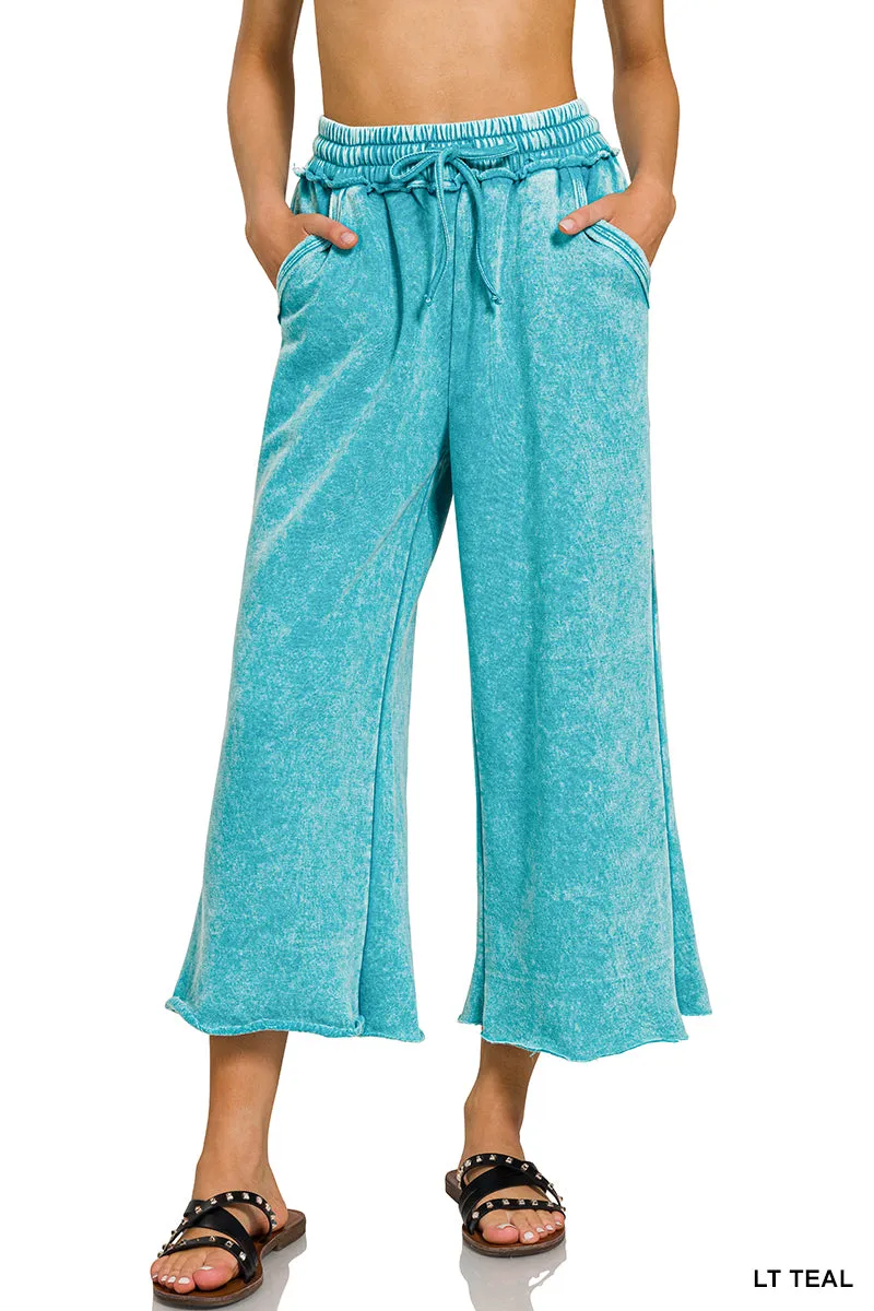 Acid wash fleece palazzo sweatpants with pockets