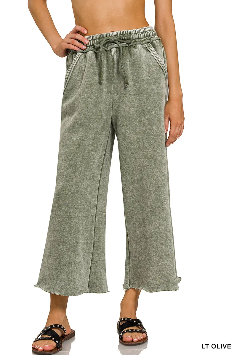 Acid wash fleece palazzo sweatpants with pockets