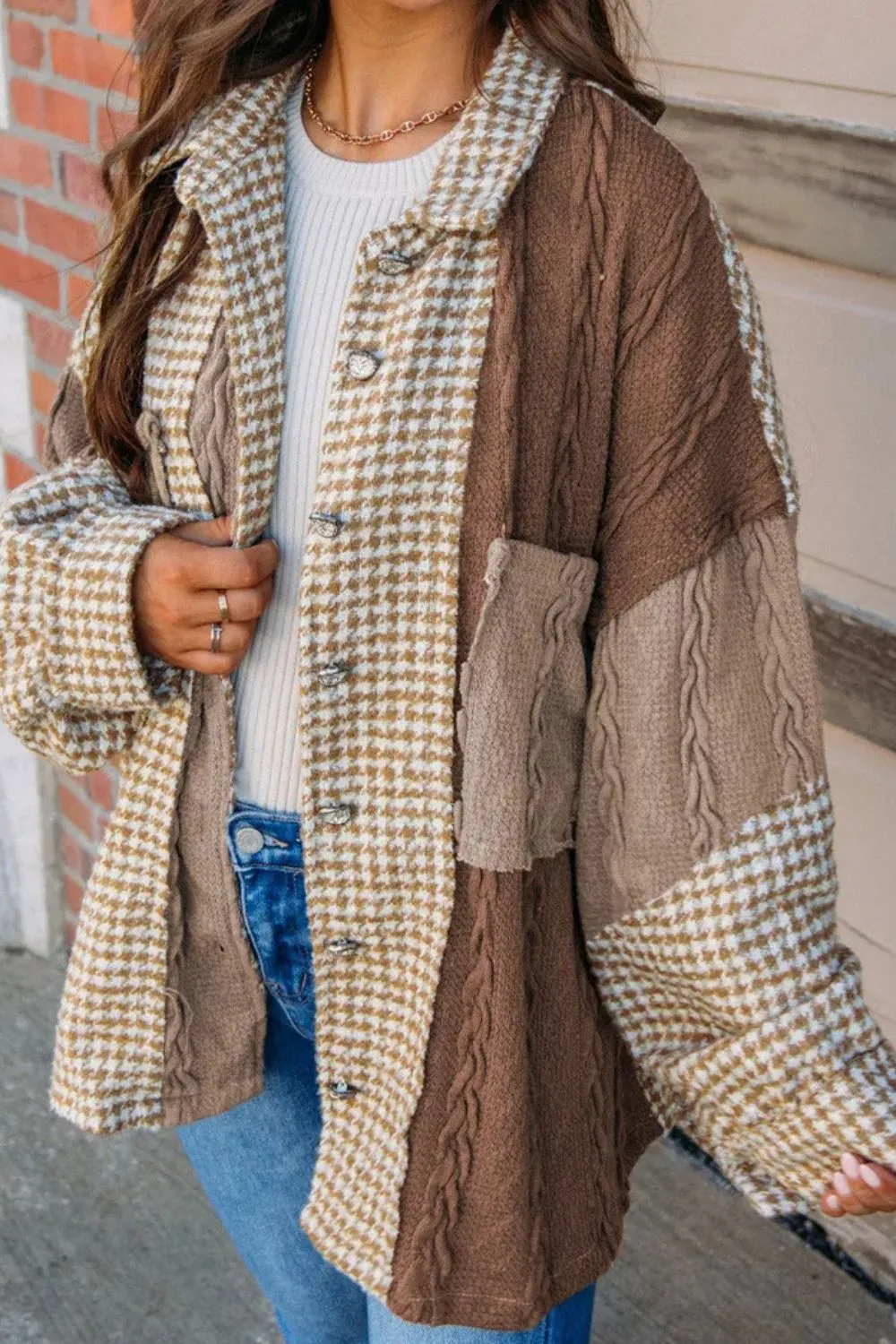 Amber Pocketed Color Block Collared Neck Long Sleeve Jacket