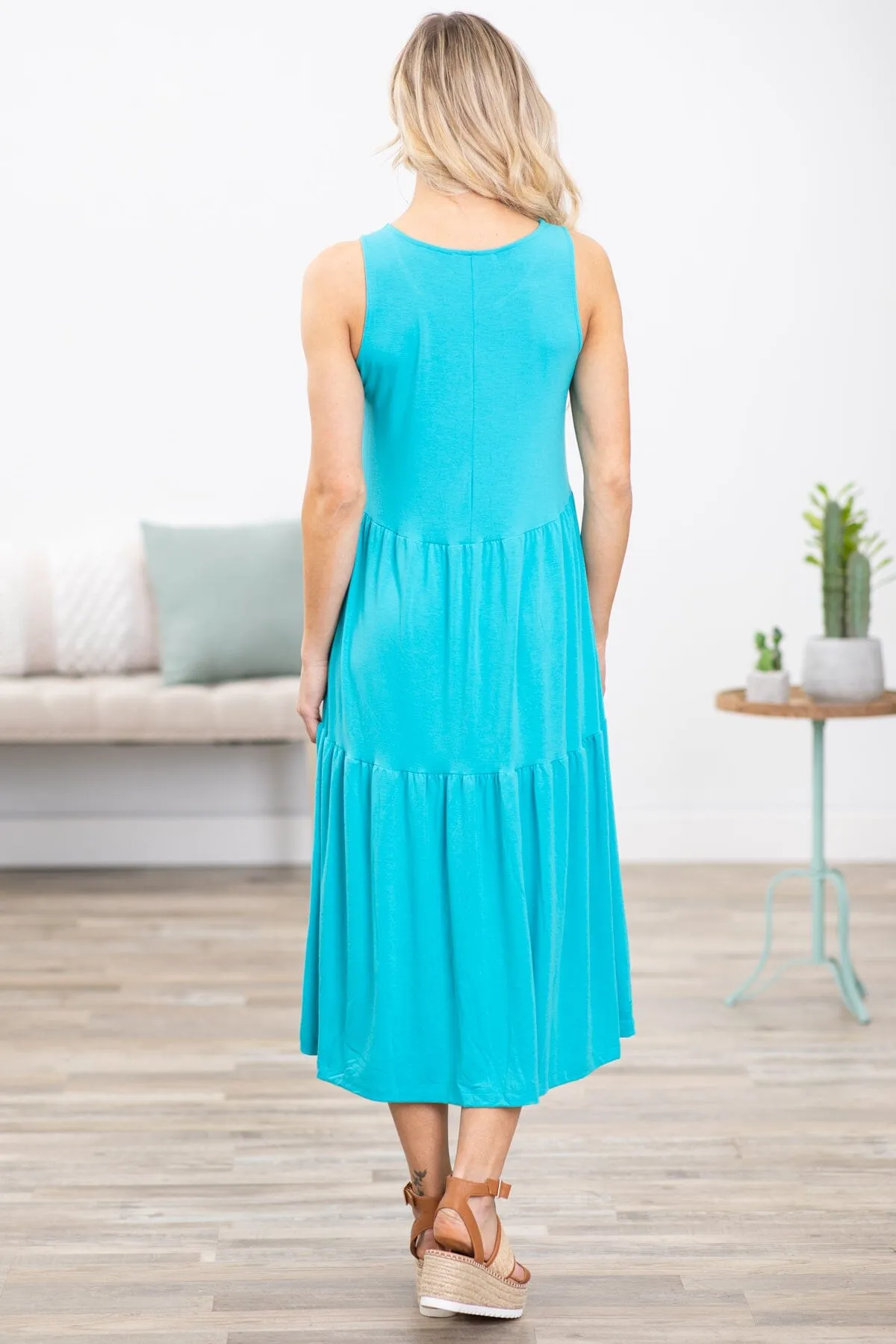 Aqua Tiered Skirt Sleeveless Midi Dress