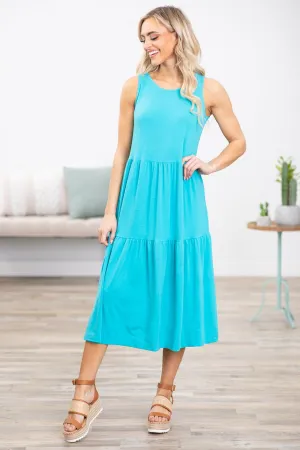 Aqua Tiered Skirt Sleeveless Midi Dress