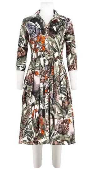 Audrey Dress #1 Shirt Collar 3/4 Sleeve Long Length Cotton Stretch (Animal Forest)