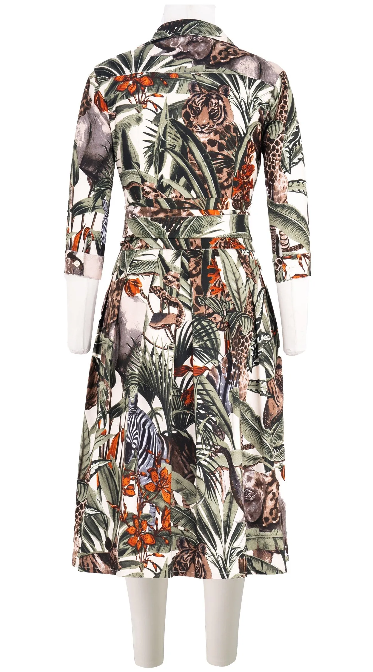 Audrey Dress #1 Shirt Collar 3/4 Sleeve Long Length Cotton Stretch (Animal Forest)