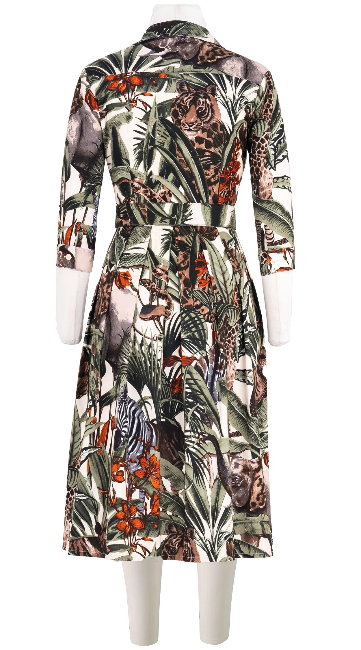 Audrey Dress #1 Shirt Collar 3/4 Sleeve Long Length Cotton Stretch (Animal Forest)