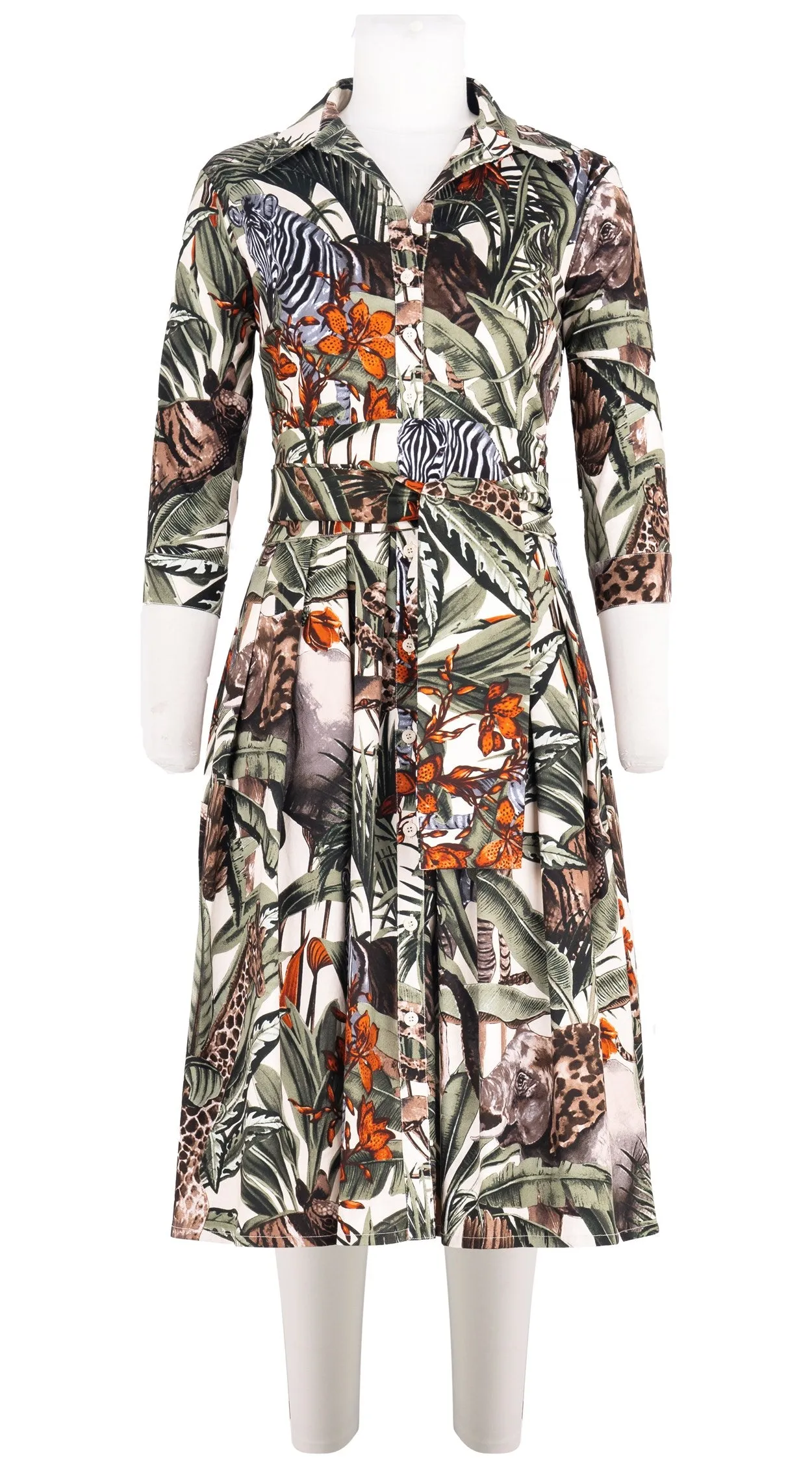 Audrey Dress #1 Shirt Collar 3/4 Sleeve Long Length Cotton Stretch (Animal Forest)