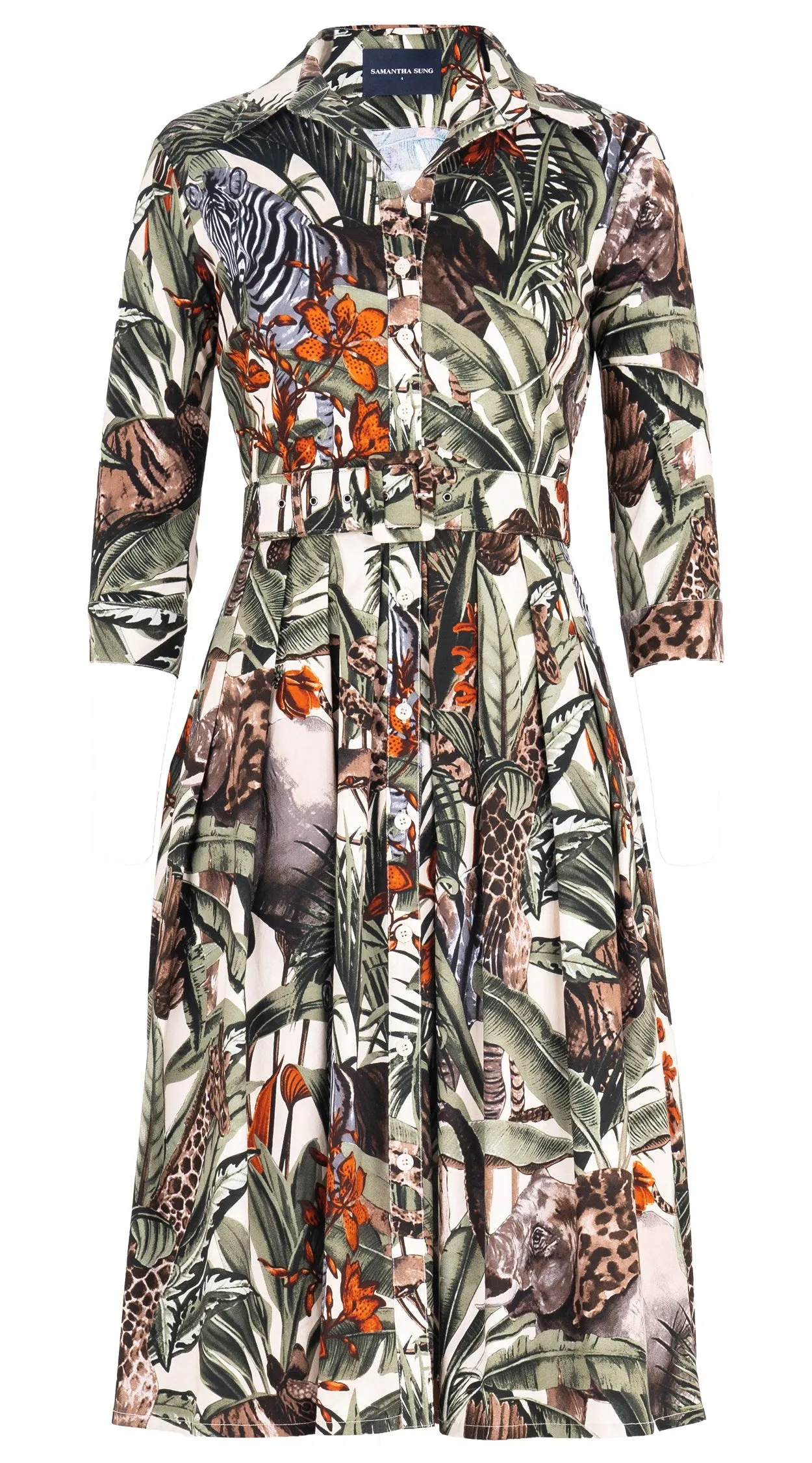 Audrey Dress #1 Shirt Collar 3/4 Sleeve Long Length Cotton Stretch (Animal Forest)