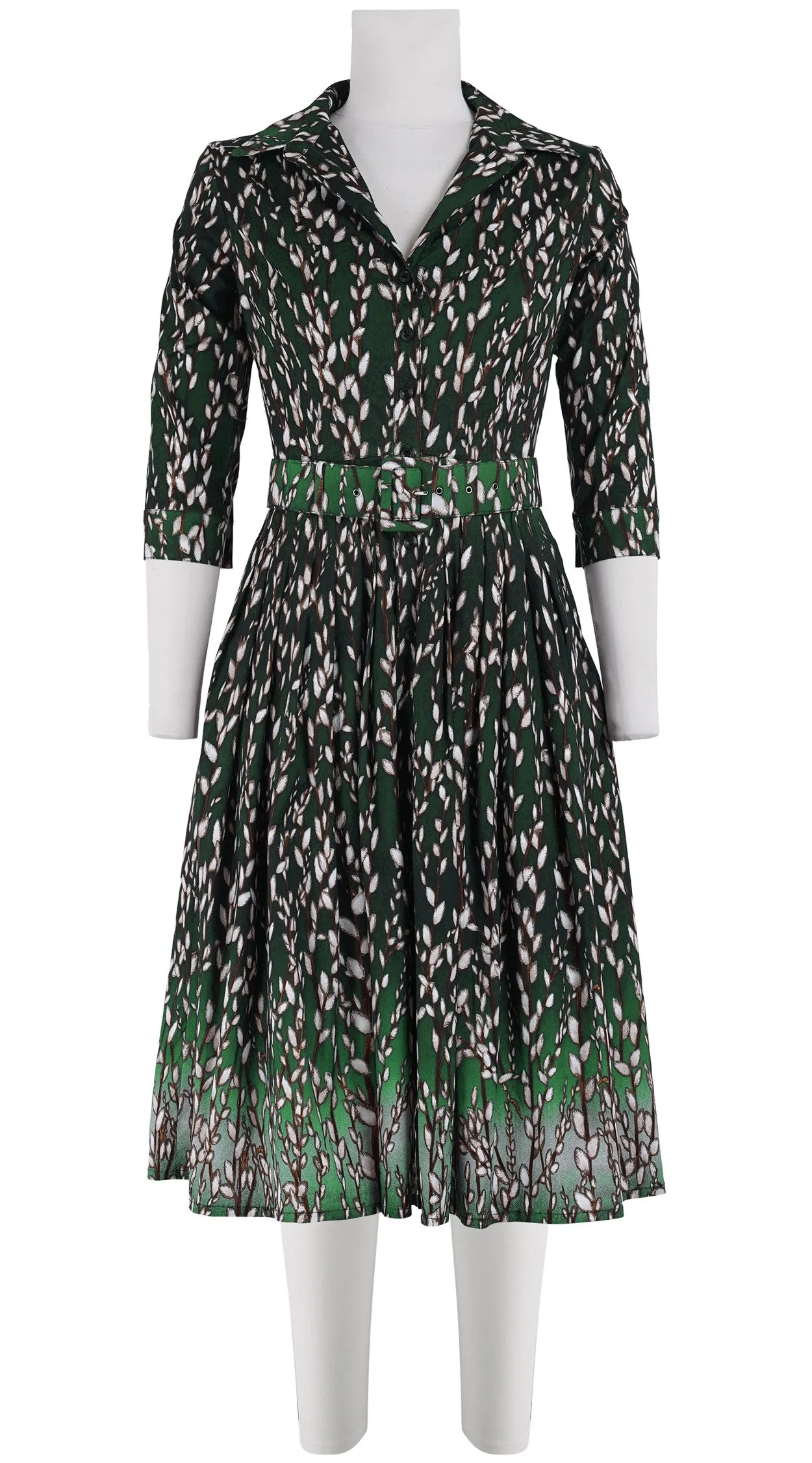 Audrey Dress #2 Shirt Collar 3/4 Sleeve Long Length Cotton Stretch (Willow All Over)
