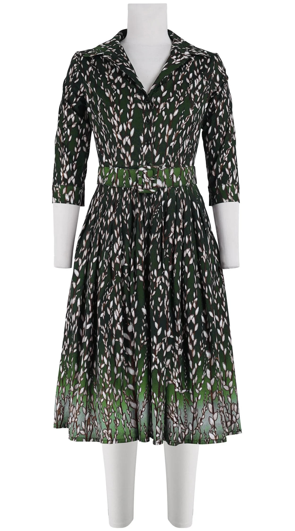 Audrey Dress #2 Shirt Collar 3/4 Sleeve Long Length Cotton Stretch (Willow All Over)