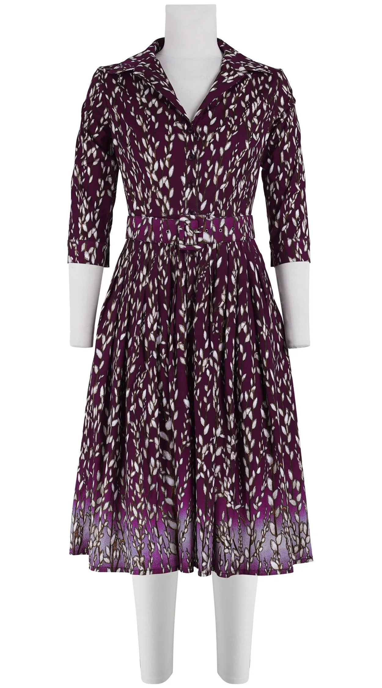 Audrey Dress #2 Shirt Collar 3/4 Sleeve Long Length Cotton Stretch (Willow All Over)