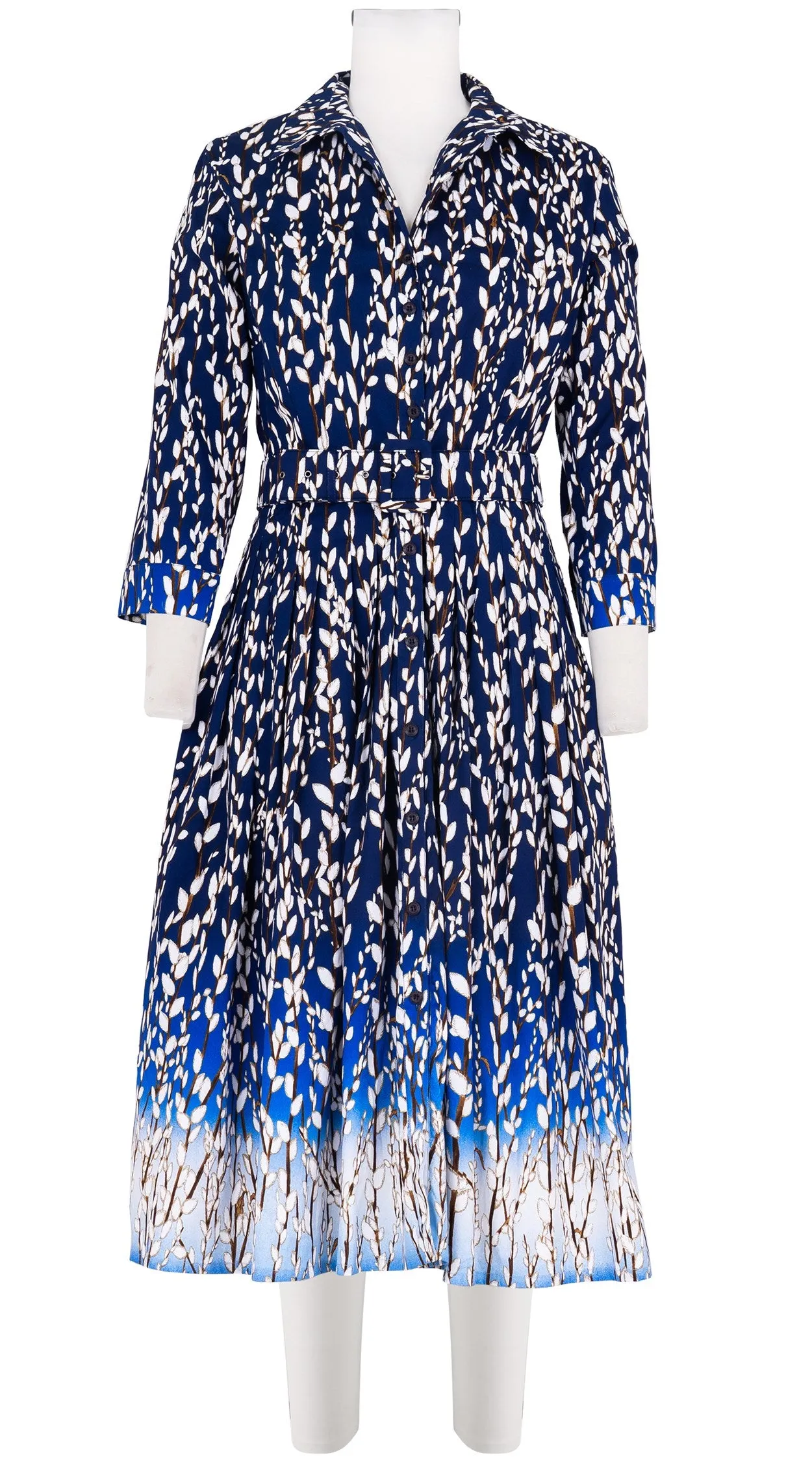 Audrey Dress #2 Shirt Collar 3/4 Sleeve Long Length Cotton Stretch (Willow All Over)