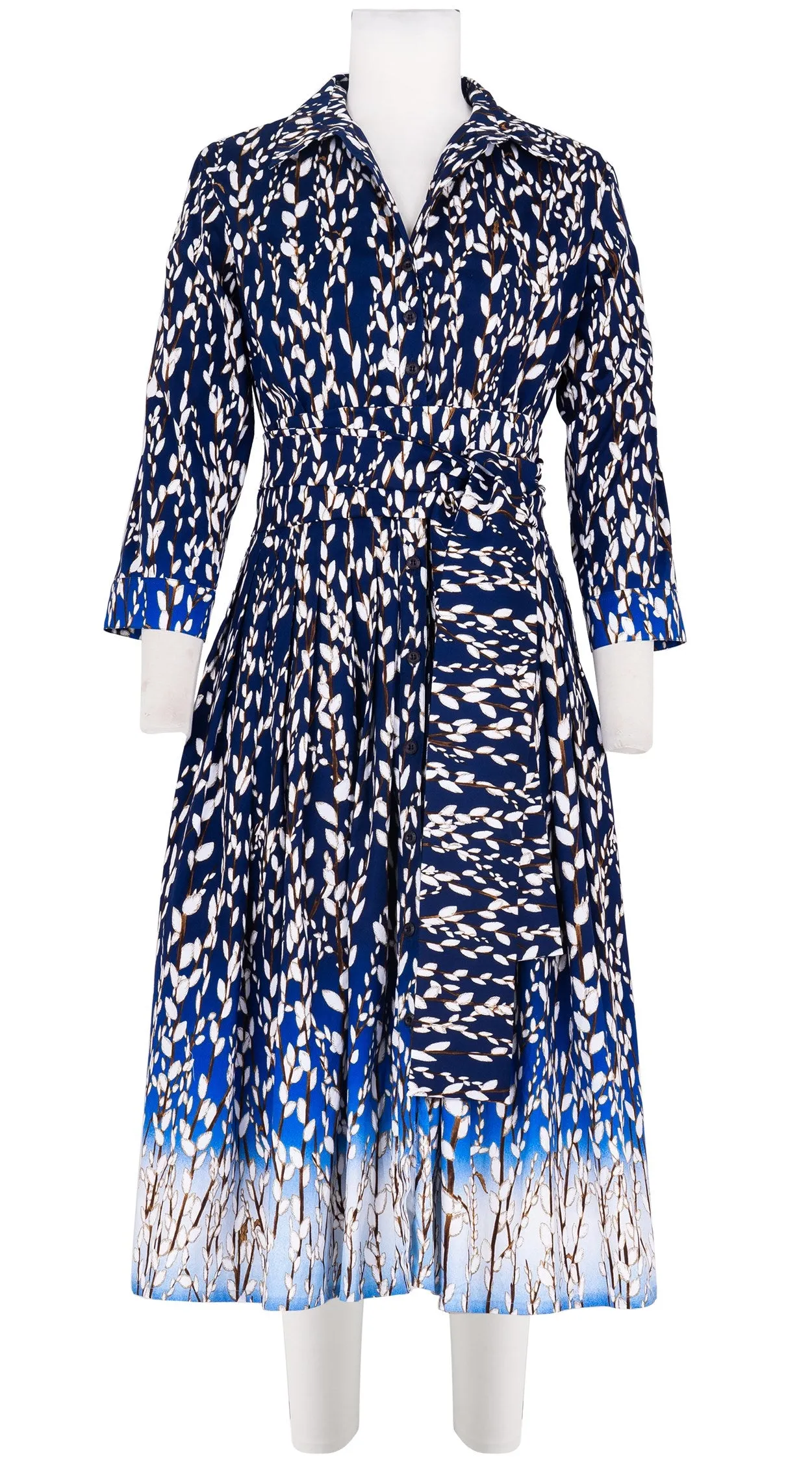 Audrey Dress #2 Shirt Collar 3/4 Sleeve Long Length Cotton Stretch (Willow All Over)