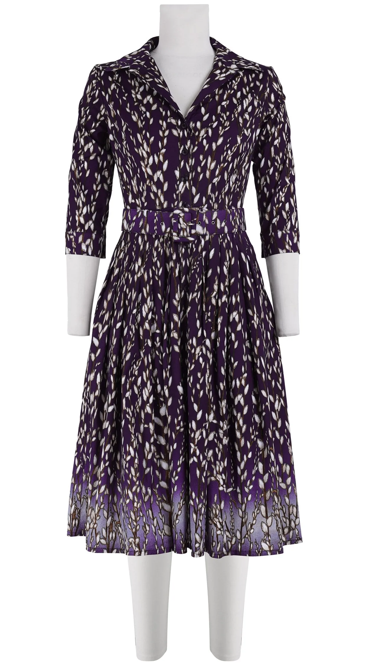 Audrey Dress #2 Shirt Collar 3/4 Sleeve Long Length Cotton Stretch (Willow All Over)