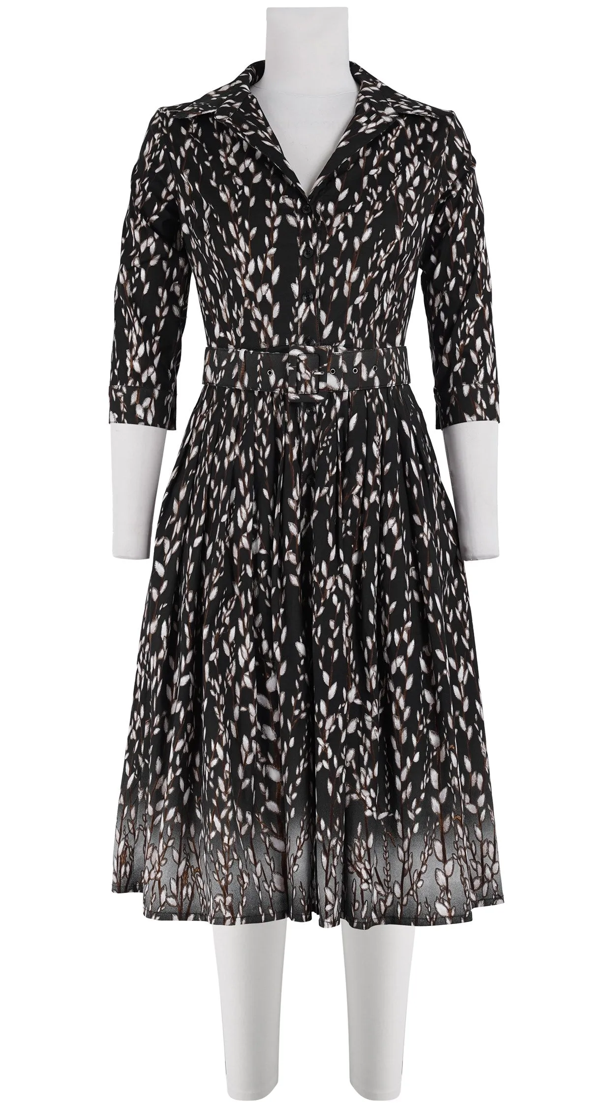 Audrey Dress #2 Shirt Collar 3/4 Sleeve Long Length Cotton Stretch (Willow All Over)