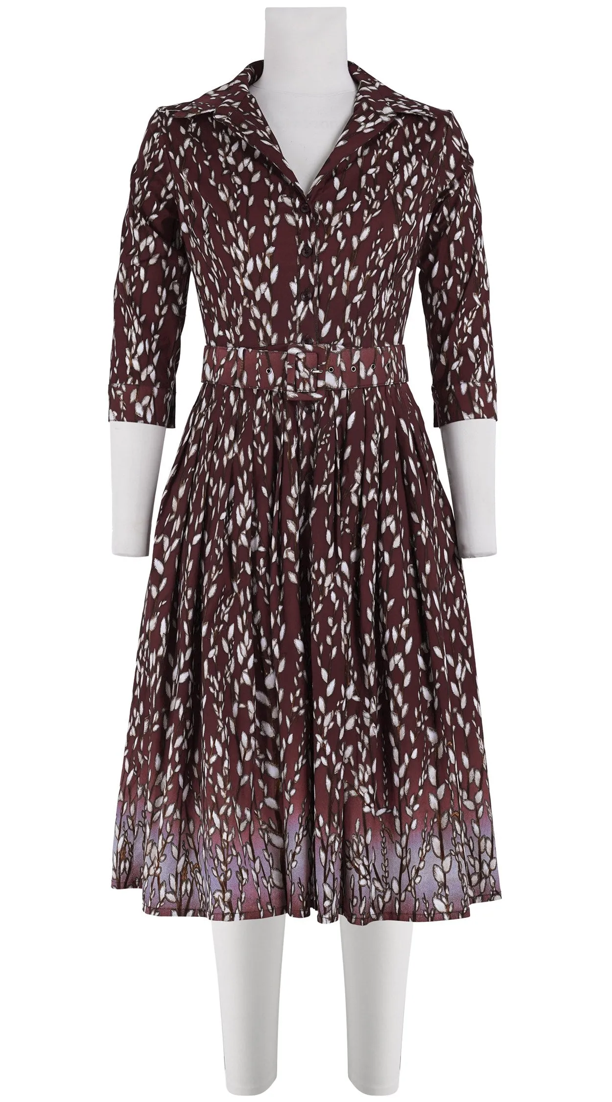 Audrey Dress #2 Shirt Collar 3/4 Sleeve Long Length Cotton Stretch (Willow All Over)