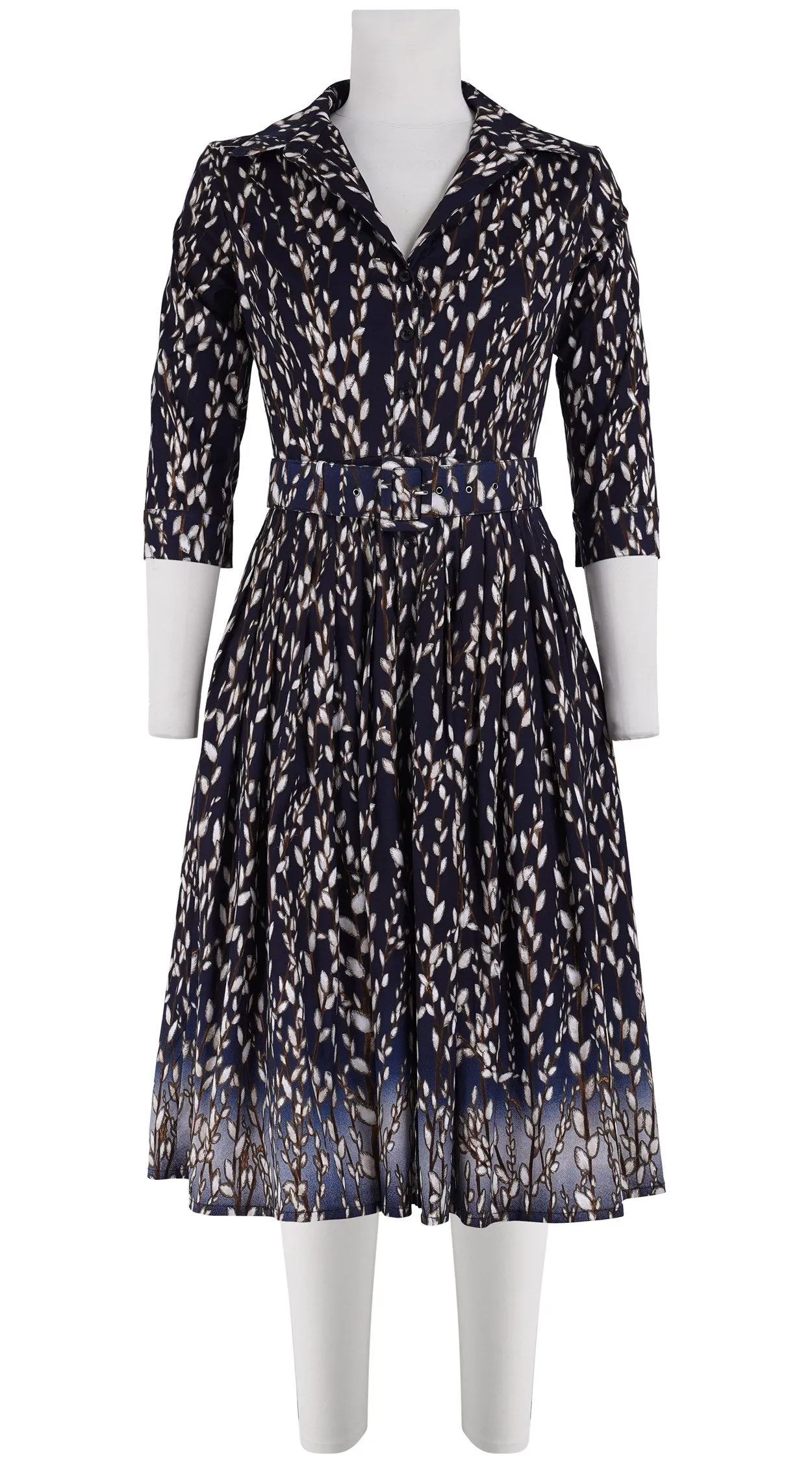 Audrey Dress #2 Shirt Collar 3/4 Sleeve Long Length Cotton Stretch (Willow All Over)