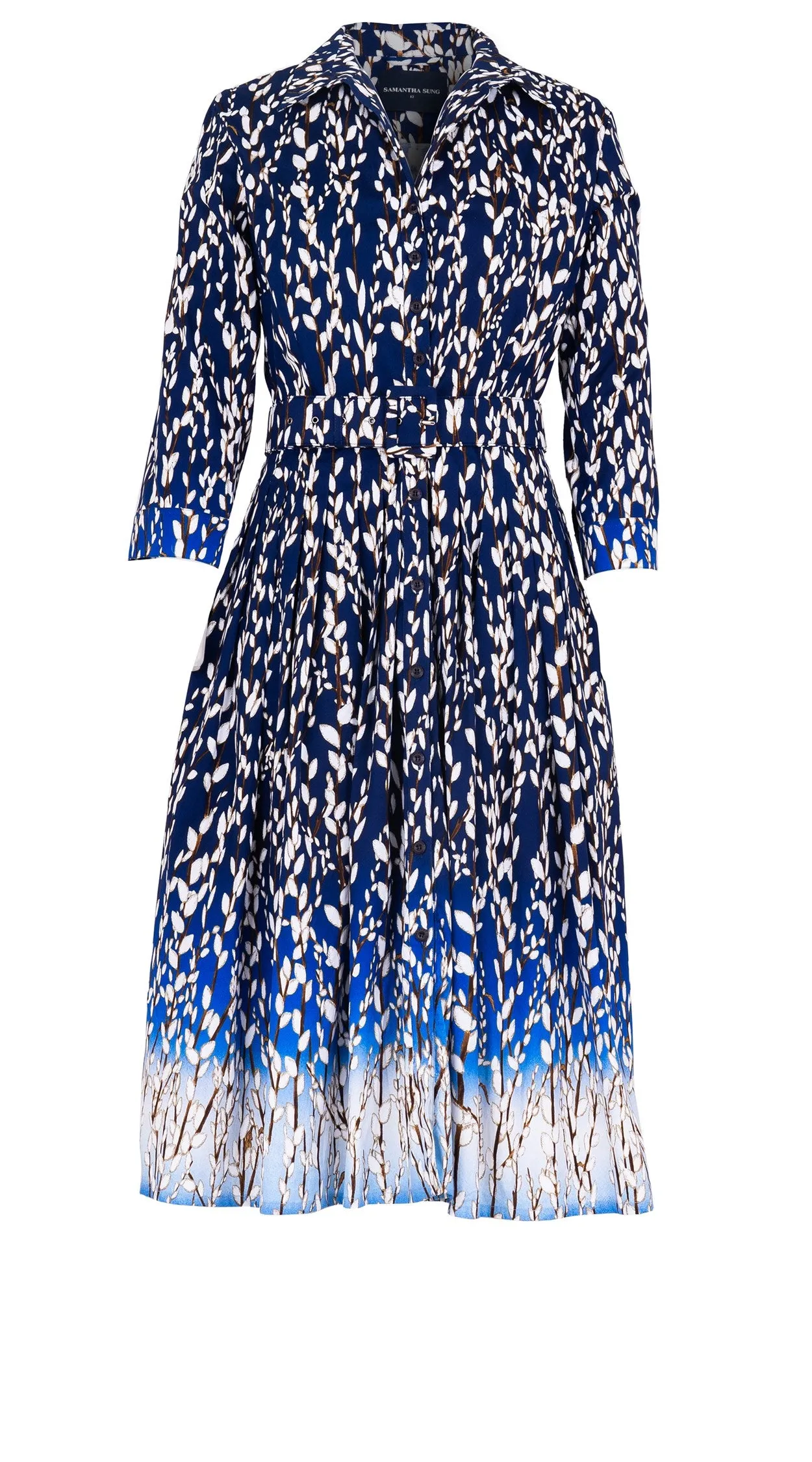 Audrey Dress #2 Shirt Collar 3/4 Sleeve Long Length Cotton Stretch (Willow All Over)