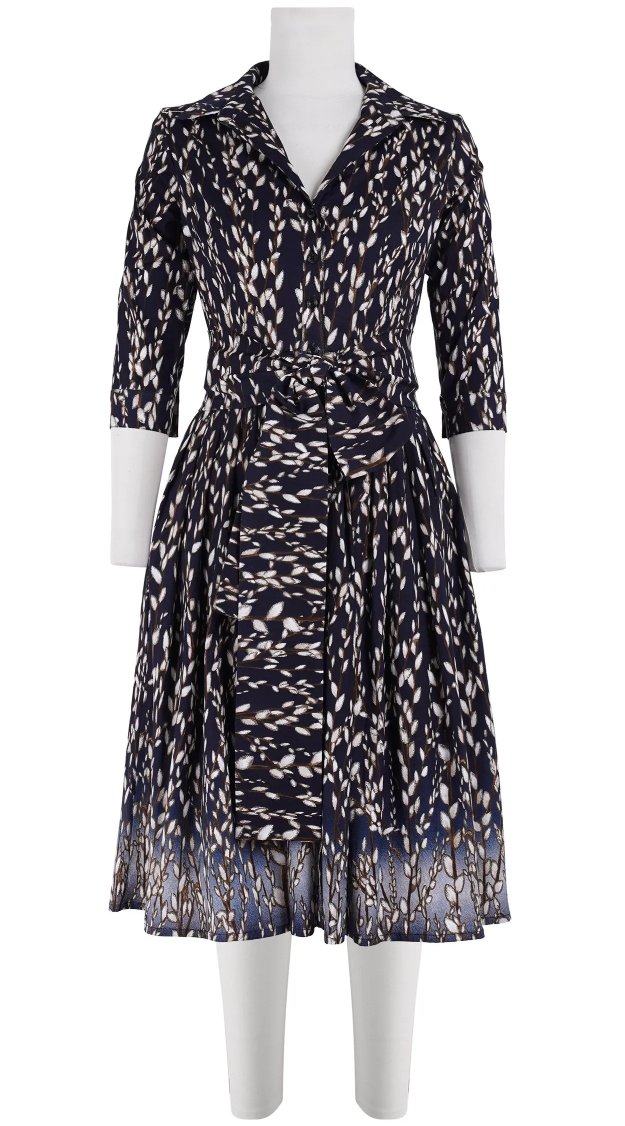 Audrey Dress #2 Shirt Collar 3/4 Sleeve Long Length Cotton Stretch (Willow All Over)
