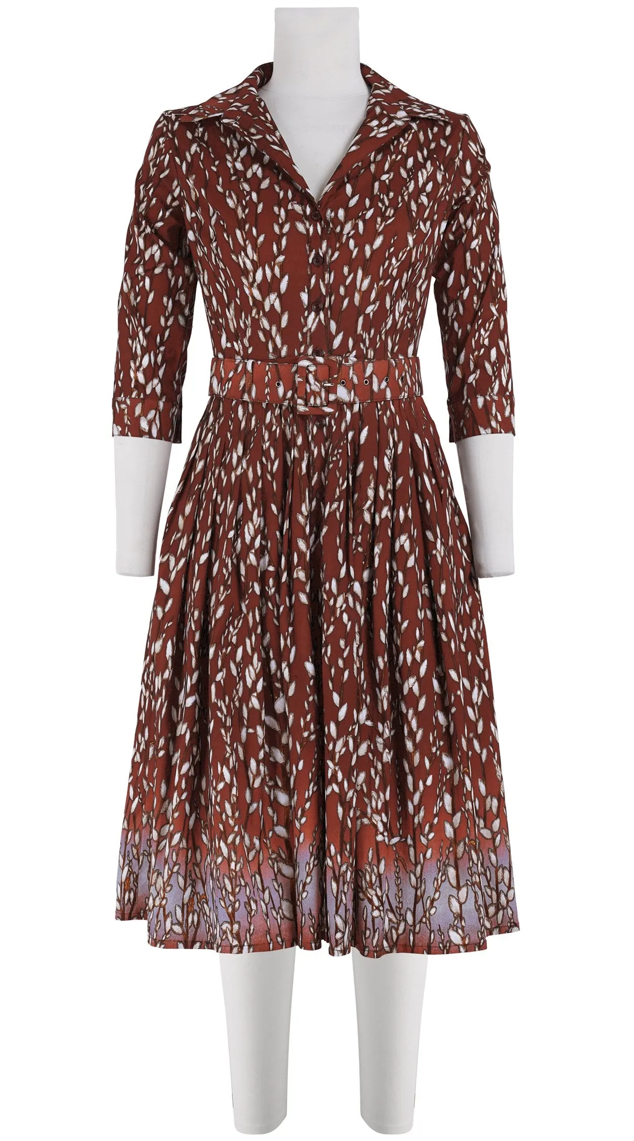 Audrey Dress #2 Shirt Collar 3/4 Sleeve Long Length Cotton Stretch (Willow All Over)