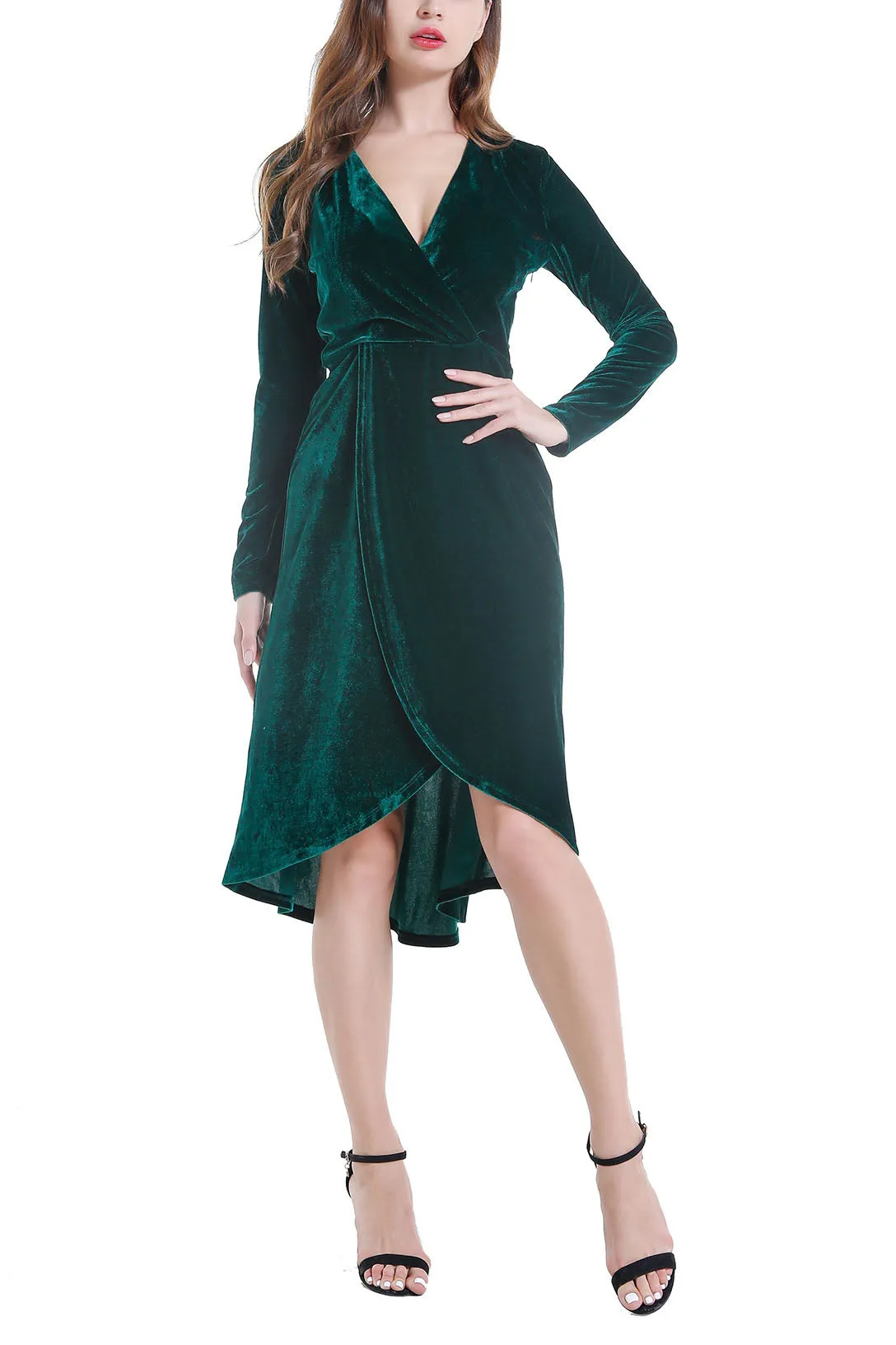Autumn and Winter Gold Velvet Dress Women's Ladies V-neck Long-sleeved Long Evening Dress