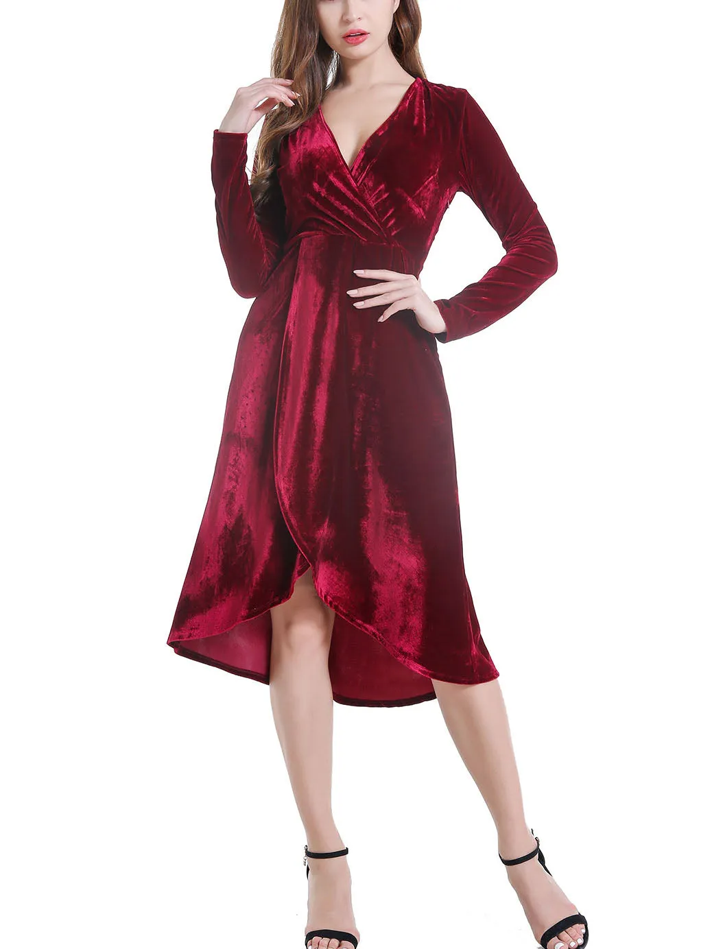 Autumn and Winter Gold Velvet Dress Women's Ladies V-neck Long-sleeved Long Evening Dress