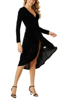 Autumn and Winter Gold Velvet Dress Women's Ladies V-neck Long-sleeved Long Evening Dress