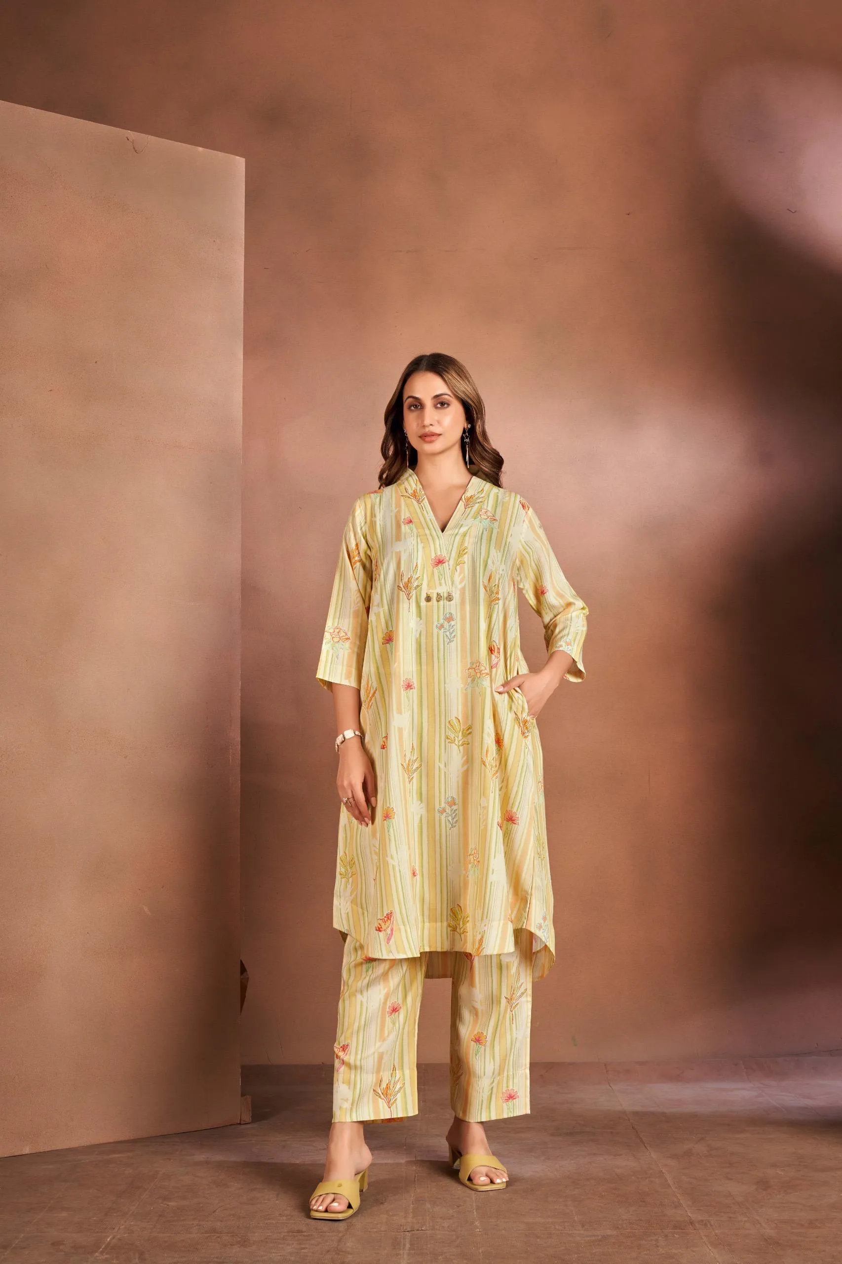 Beigh Strip Floral Kurta Co-ord Set