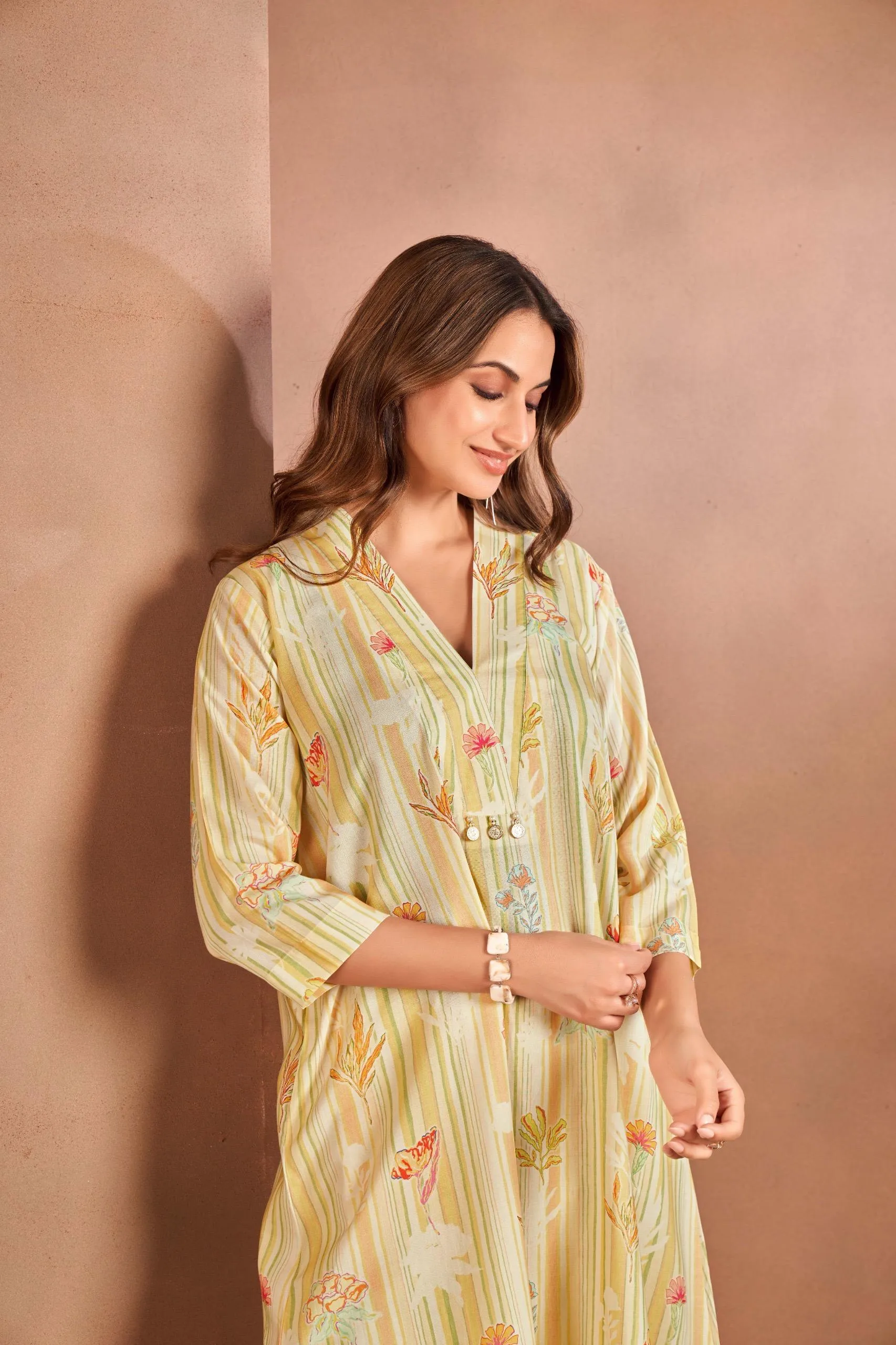 Beigh Strip Floral Kurta Co-ord Set