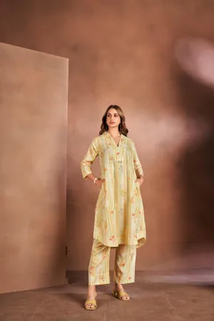 Beigh Strip Floral Kurta Co-ord Set