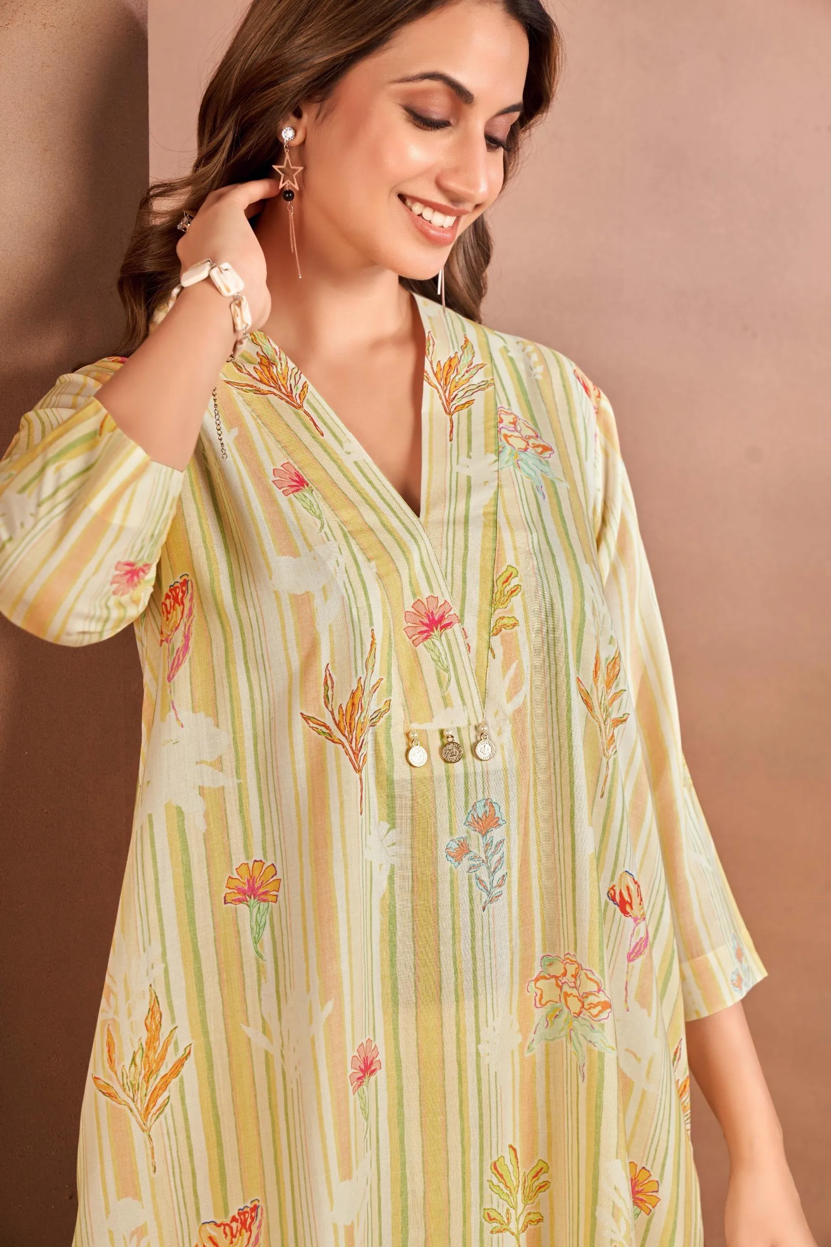 Beigh Strip Floral Kurta Co-ord Set