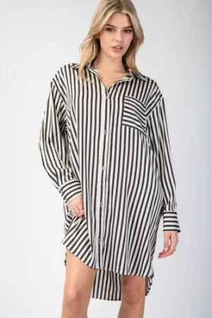 Black & White Stripe Satin Button Down Shirt Dress