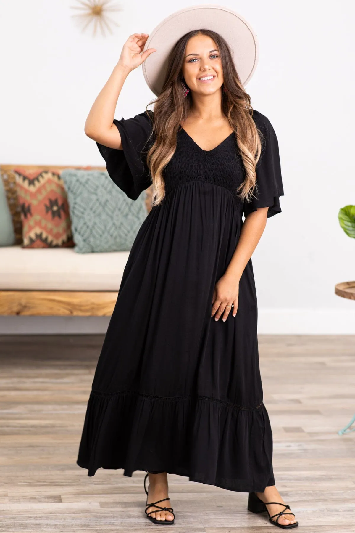Black Flutter Sleeve Midi Dress With Pockets