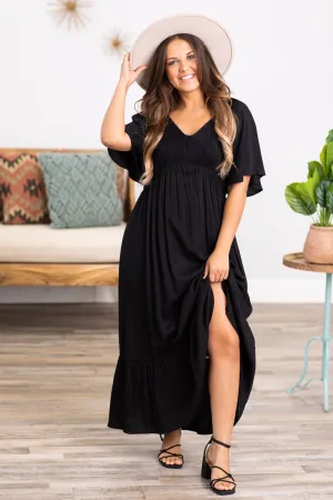 Black Flutter Sleeve Midi Dress With Pockets