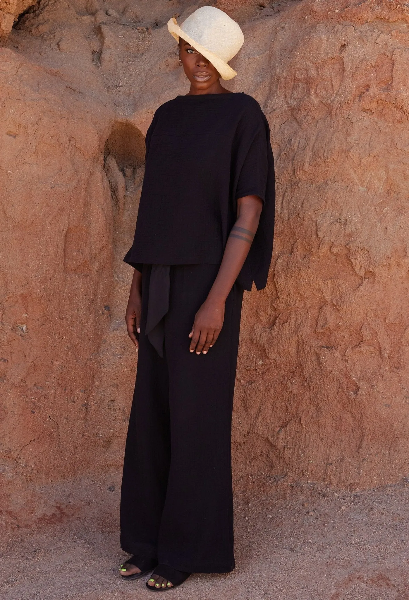 Black Gauze Palazzo Pant WITH Satin Tie Belt