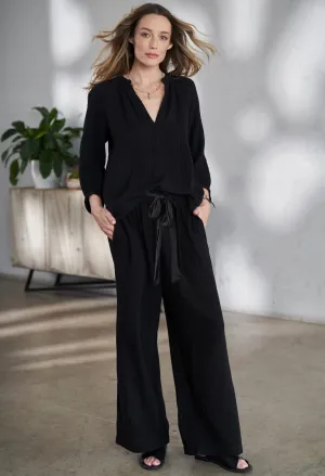 Black Gauze Palazzo Pant WITH Satin Tie Belt