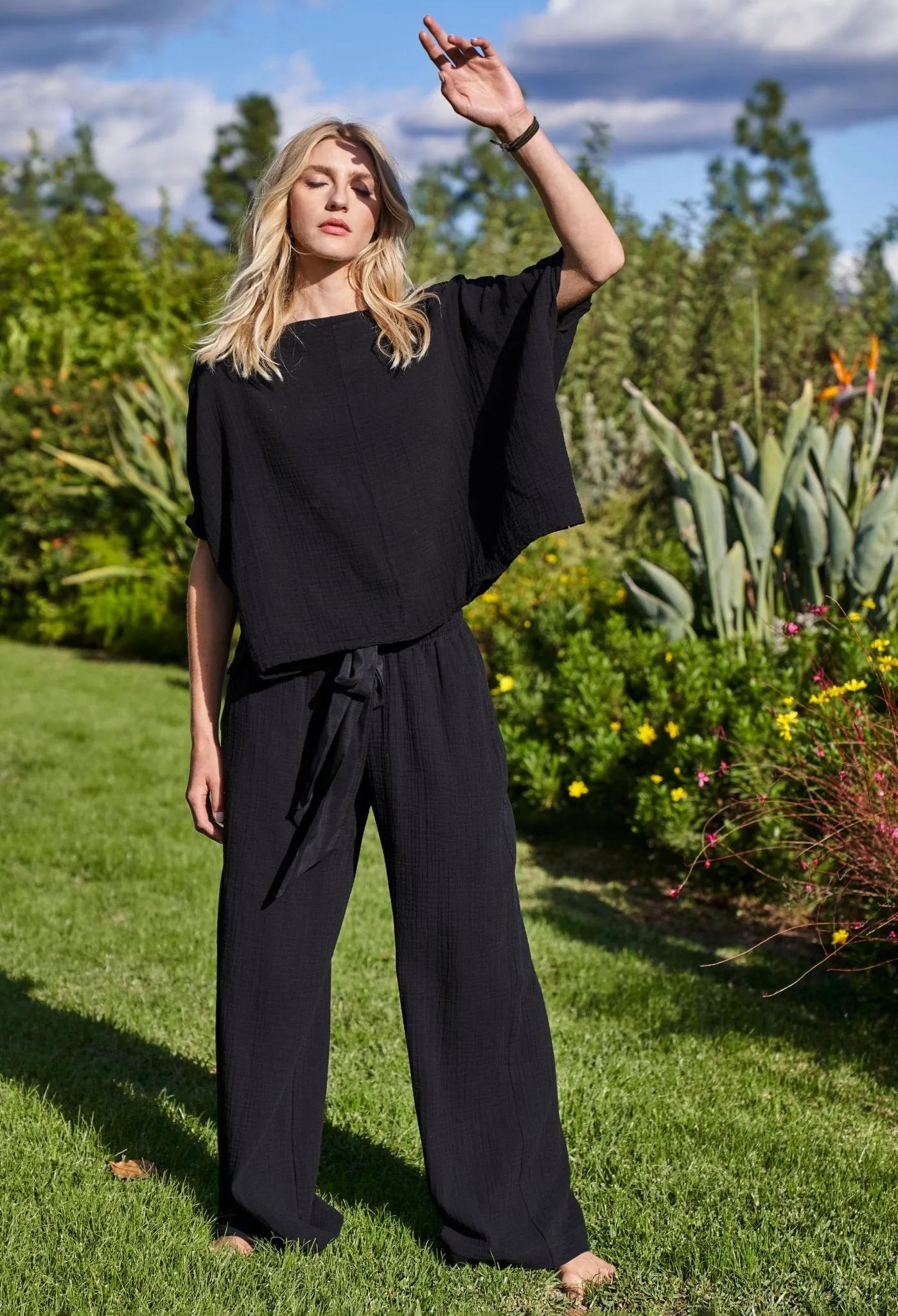 Black Gauze Palazzo Pant WITH Satin Tie Belt