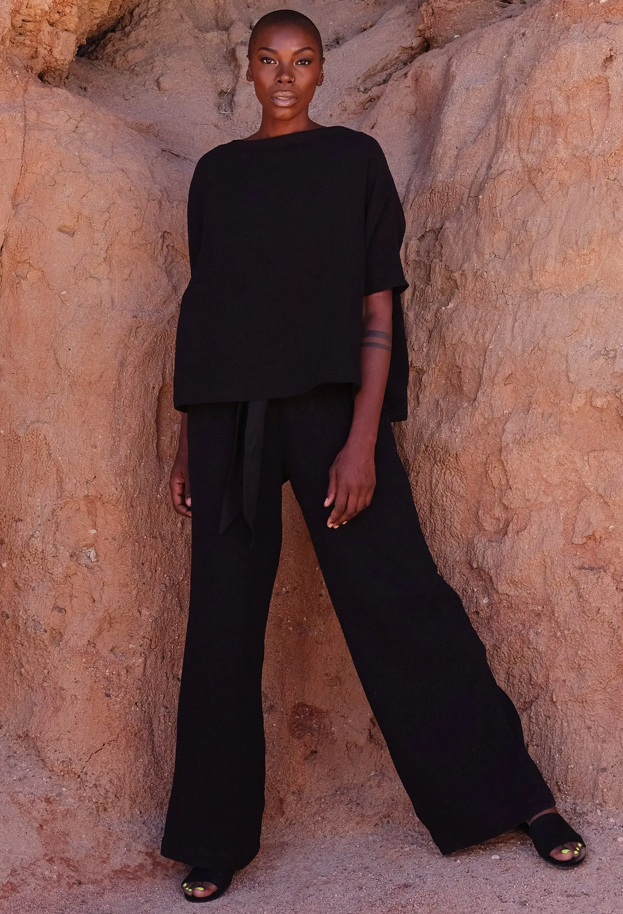 Black Gauze Palazzo Pant WITH Satin Tie Belt