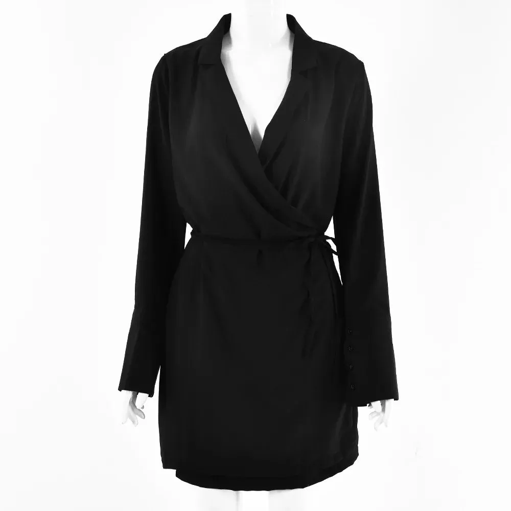Black Satin V-Neck Shirt Dress for Women Spring/Fall Flare Sleeve Lace Up Elegant Mini Party Dresses