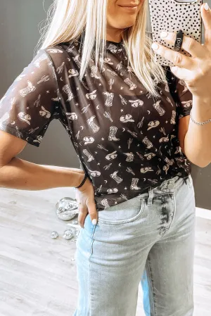 Black Western Pattern Mesh Sheer Crew Neck T Shirt