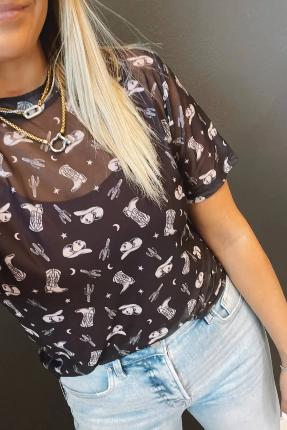 Black Western Pattern Mesh Sheer Crew Neck T Shirt