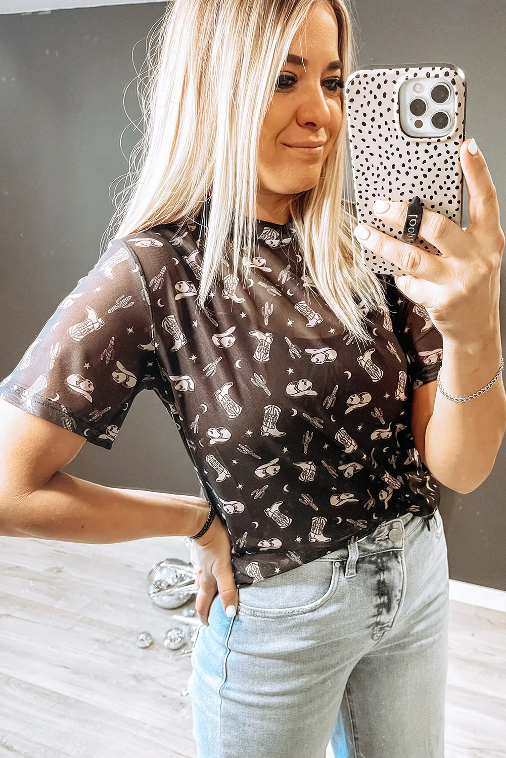 Black Western Pattern Mesh Sheer Crew Neck T Shirt