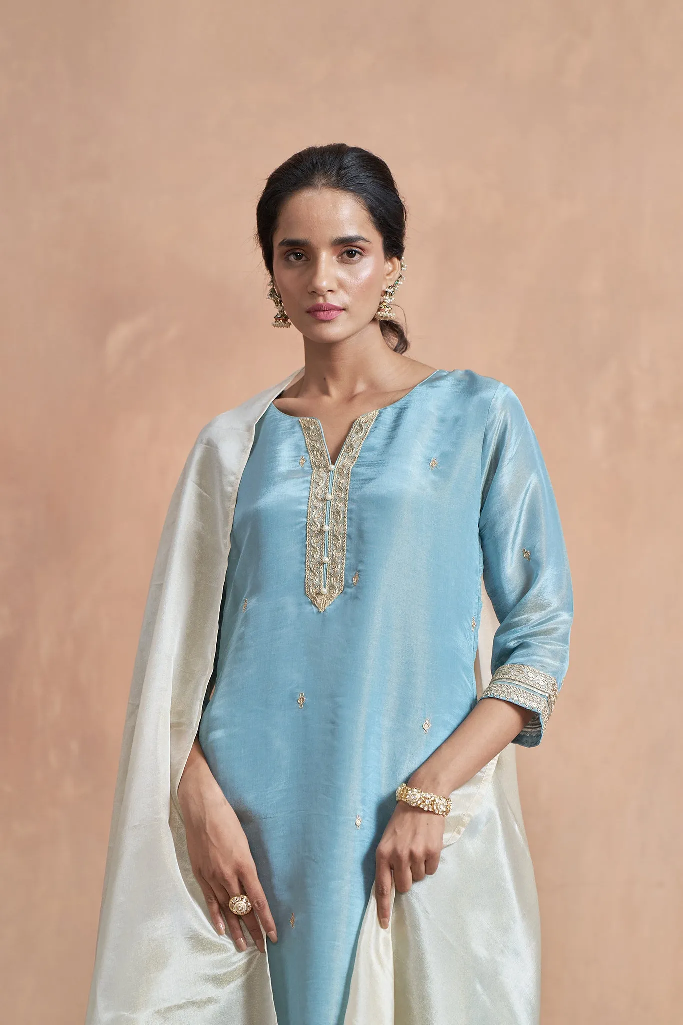 Blue Kurta Set With Embroidered Lase