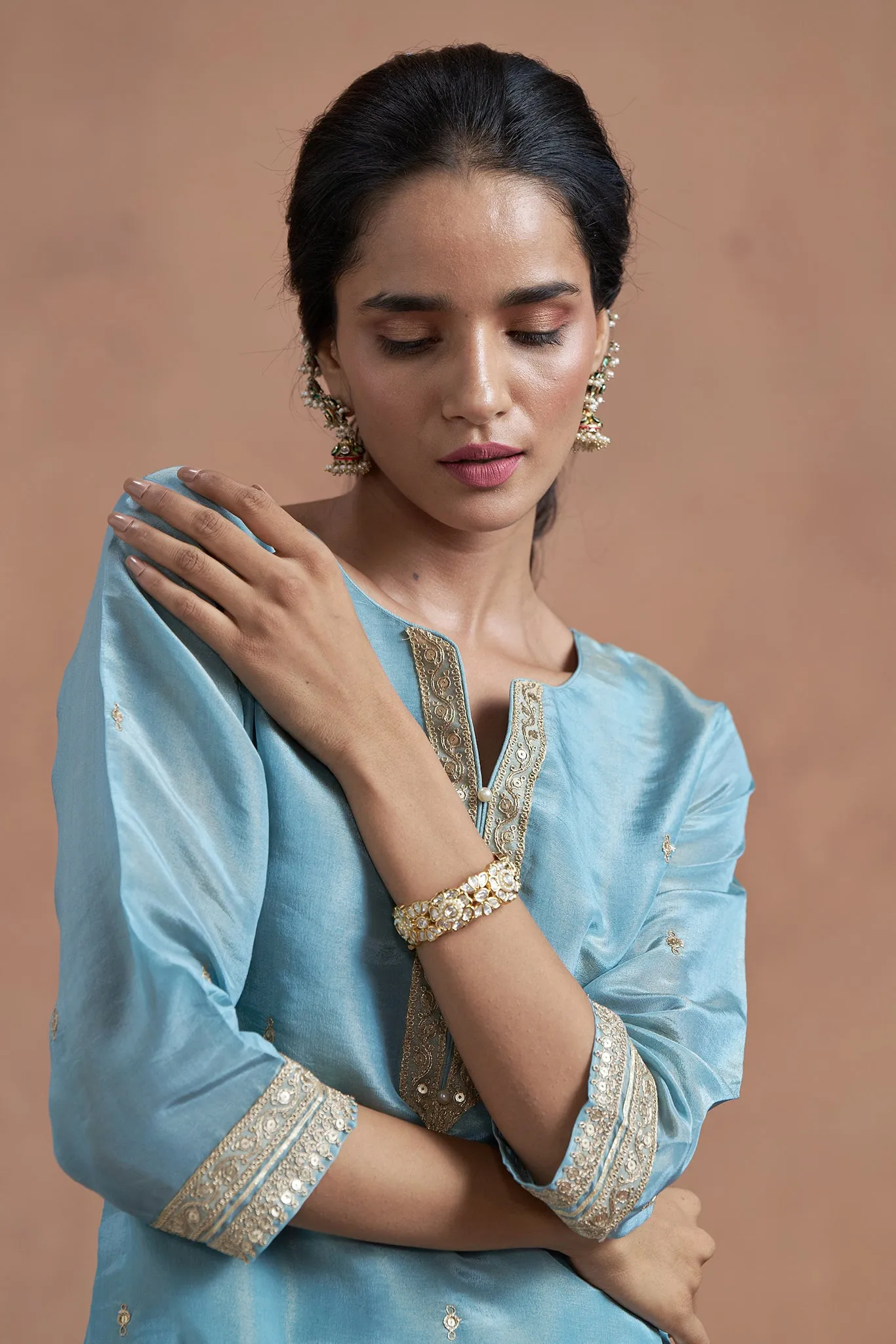 Blue Kurta Set With Embroidered Lase