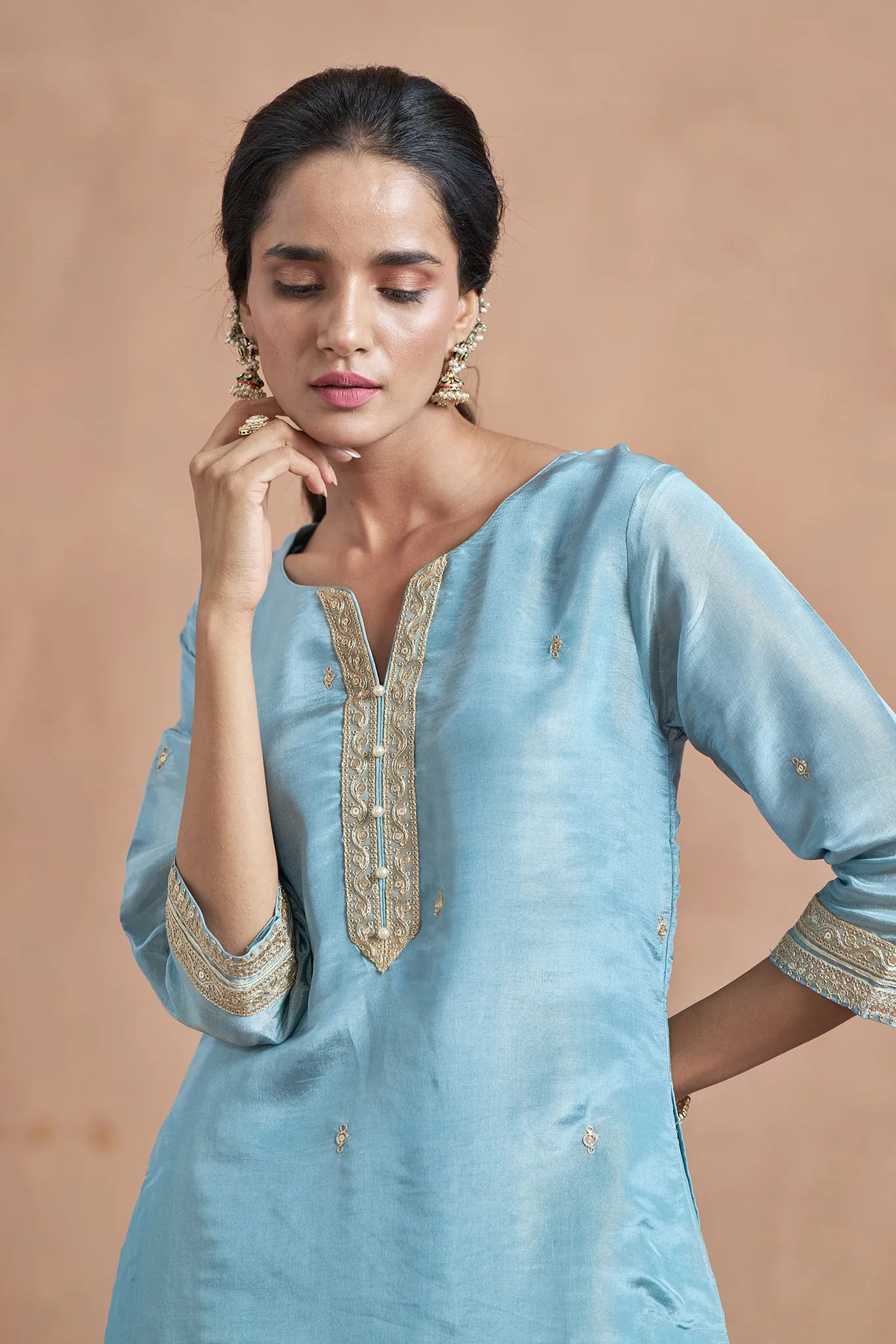 Blue Kurta Set With Embroidered Lase