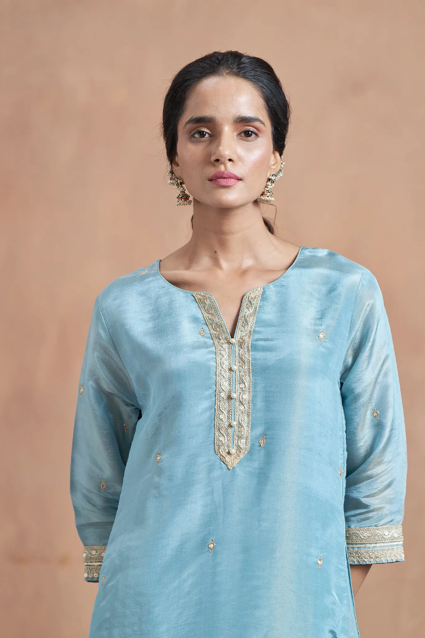 Blue Kurta Set With Embroidered Lase