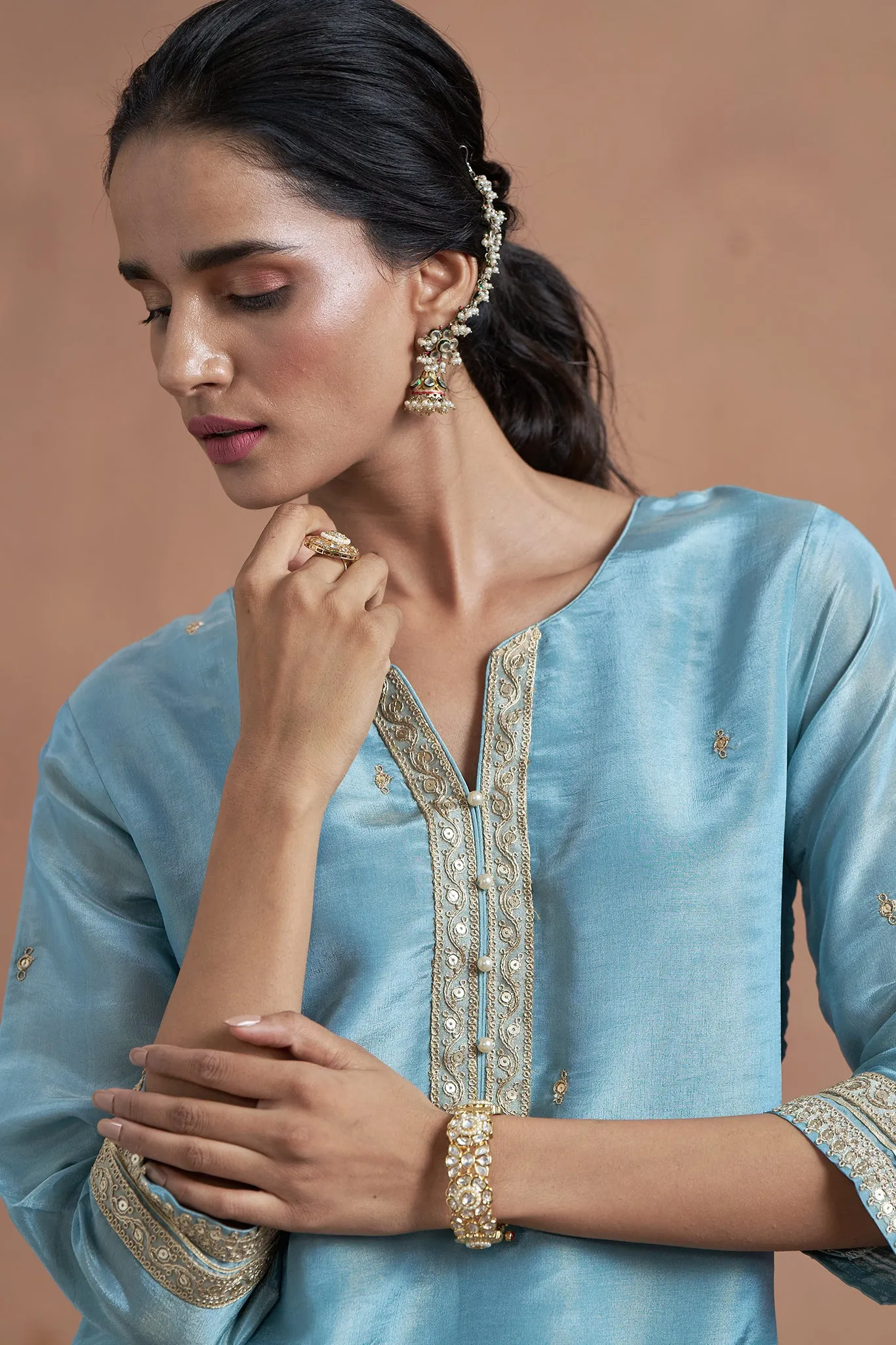 Blue Kurta Set With Embroidered Lase