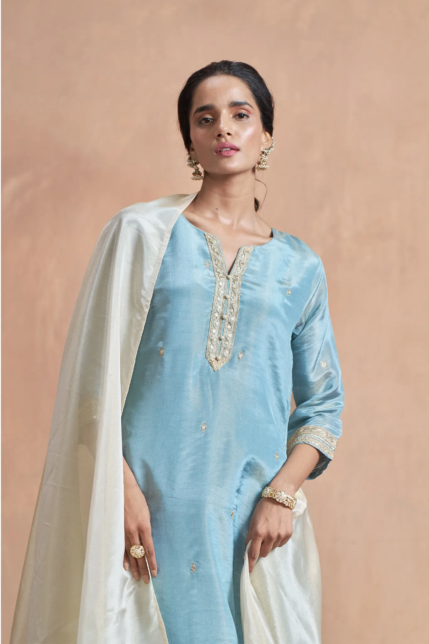Blue Kurta Set With Embroidered Lase